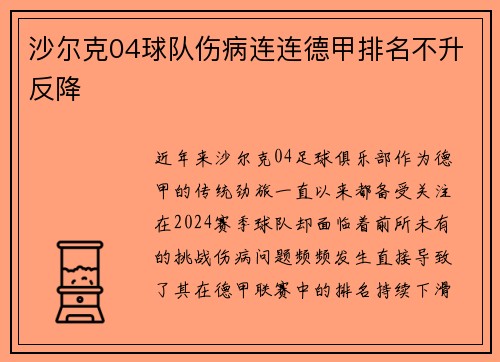 沙尔克04球队伤病连连德甲排名不升反降