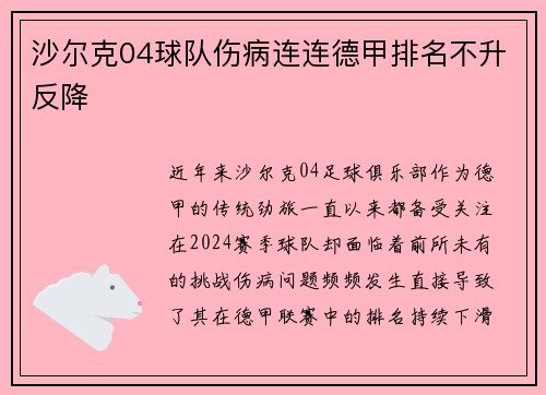 沙尔克04球队伤病连连德甲排名不升反降