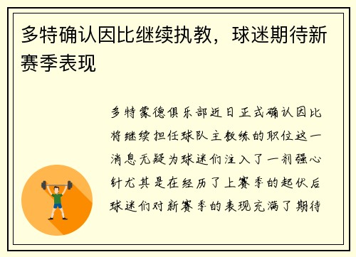 多特确认因比继续执教，球迷期待新赛季表现